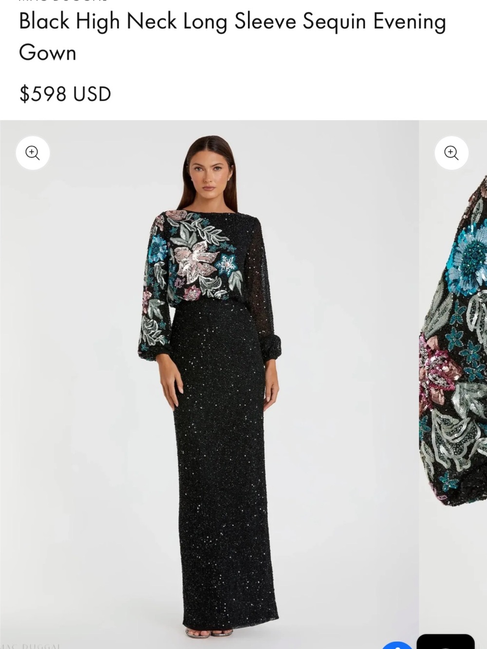 Mac Duggal Black Sequin Evening Dress with Floral Embroidery